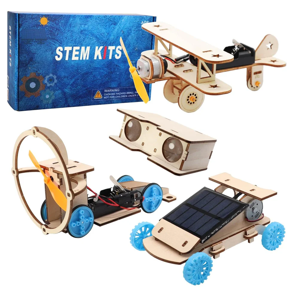 [RS6160] DIY 4 in 1 Wooden Science Experiment Model Kit 4 in 1 Set Solar Power Car, Electric Motor Biplane Glider,Toy Binoculars and Wind Power Car, STEM Educational Building Project for Kids Boys & Girls